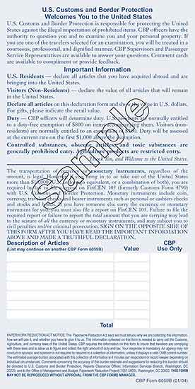 Sample view of front page of U.S. Customs and Border Protection Declaration Form